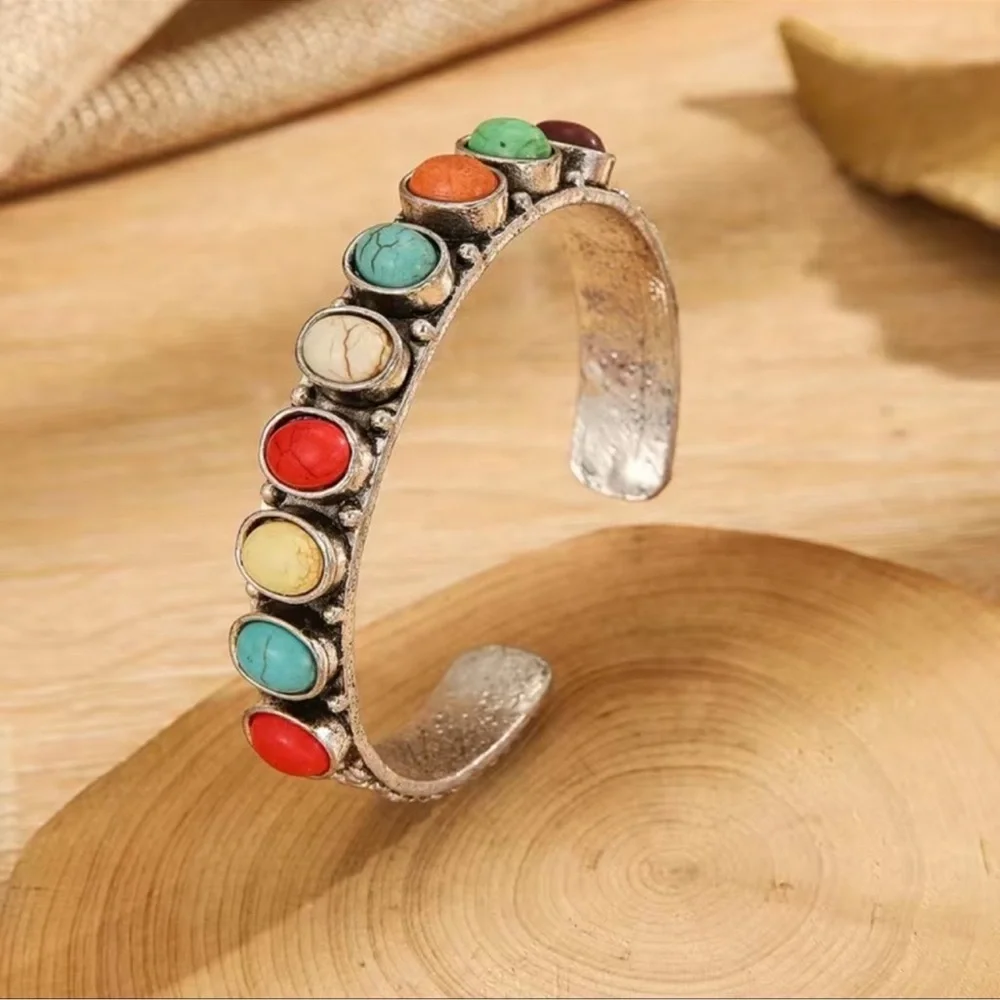2 LEFT! Bohemian Mutli Colored Turquoise Bangle Cuff Bracelet - Picture 2 of 5